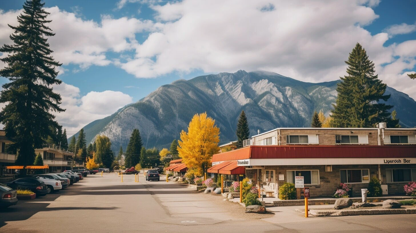 A street with parked cars and mountains in the background located in Canada.