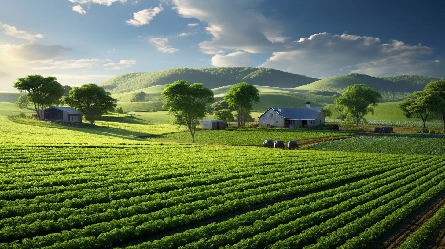 Idyllic scene encouraging farmland purchase in Ontario: green fields, livestock, barns, and hills bathed in sunlight.