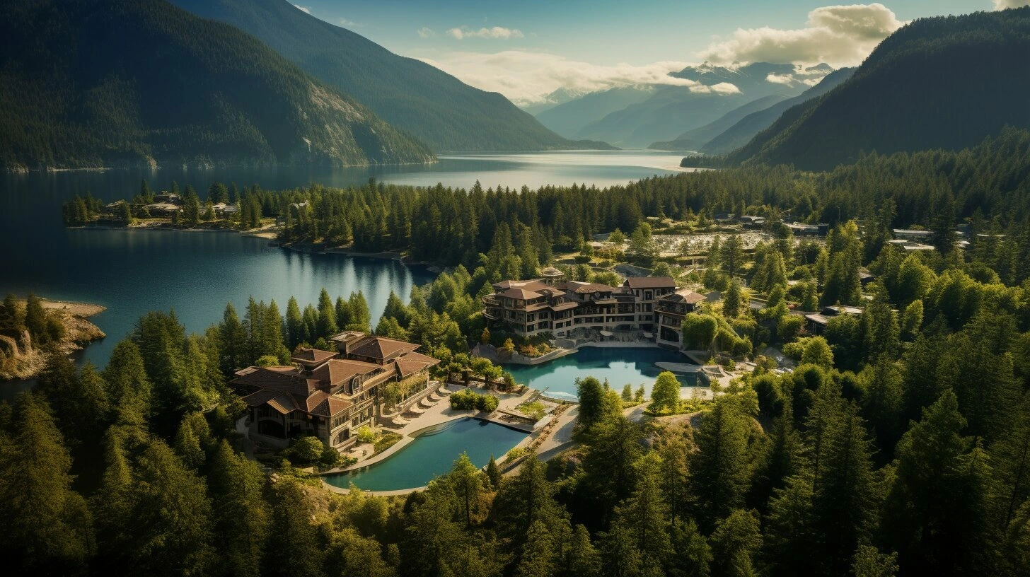 An aerial view of a resort for sale surronded bya trees and a lake in Canada.