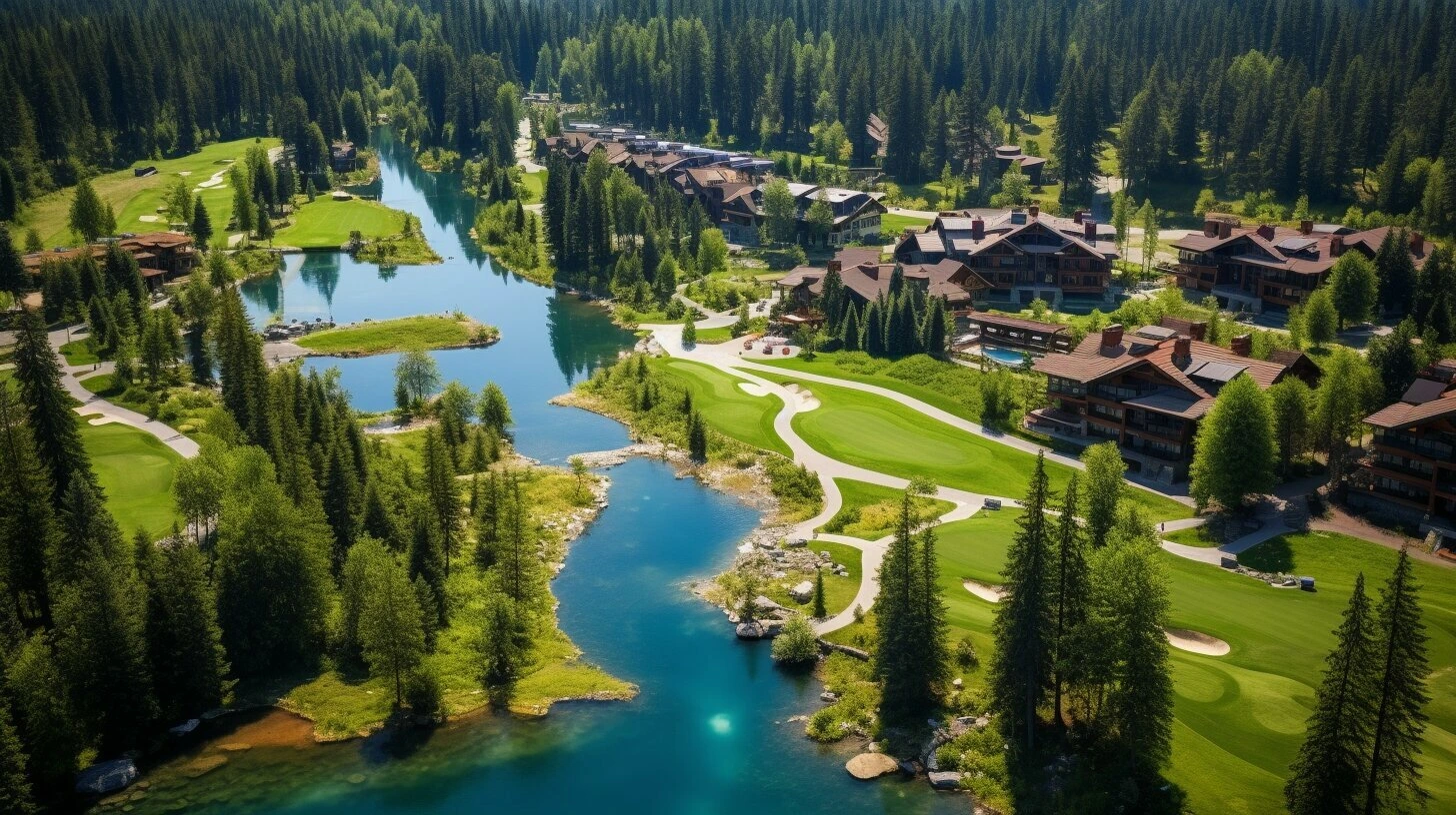 An aerial view of a golf resort in the mountains available for sale in Canada.