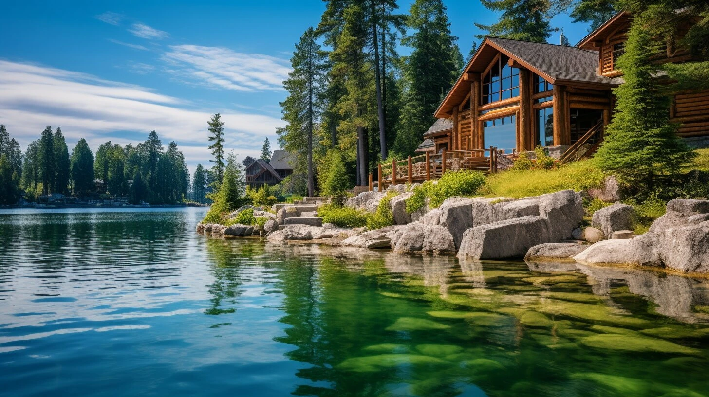 A log cabin resort for sale in Canada sits on the shore of a lake.