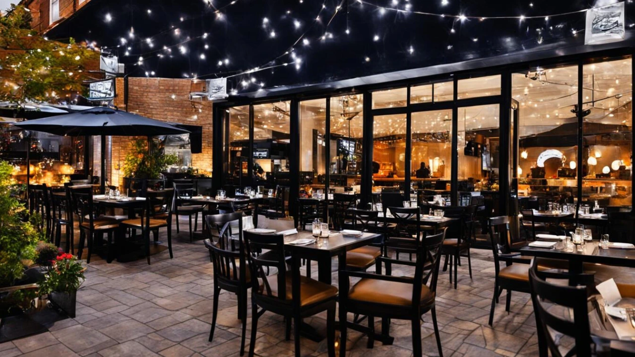 Restaurants for sale in Brampton, Ontario, with outdoor dining area with string lights and black tables at night.