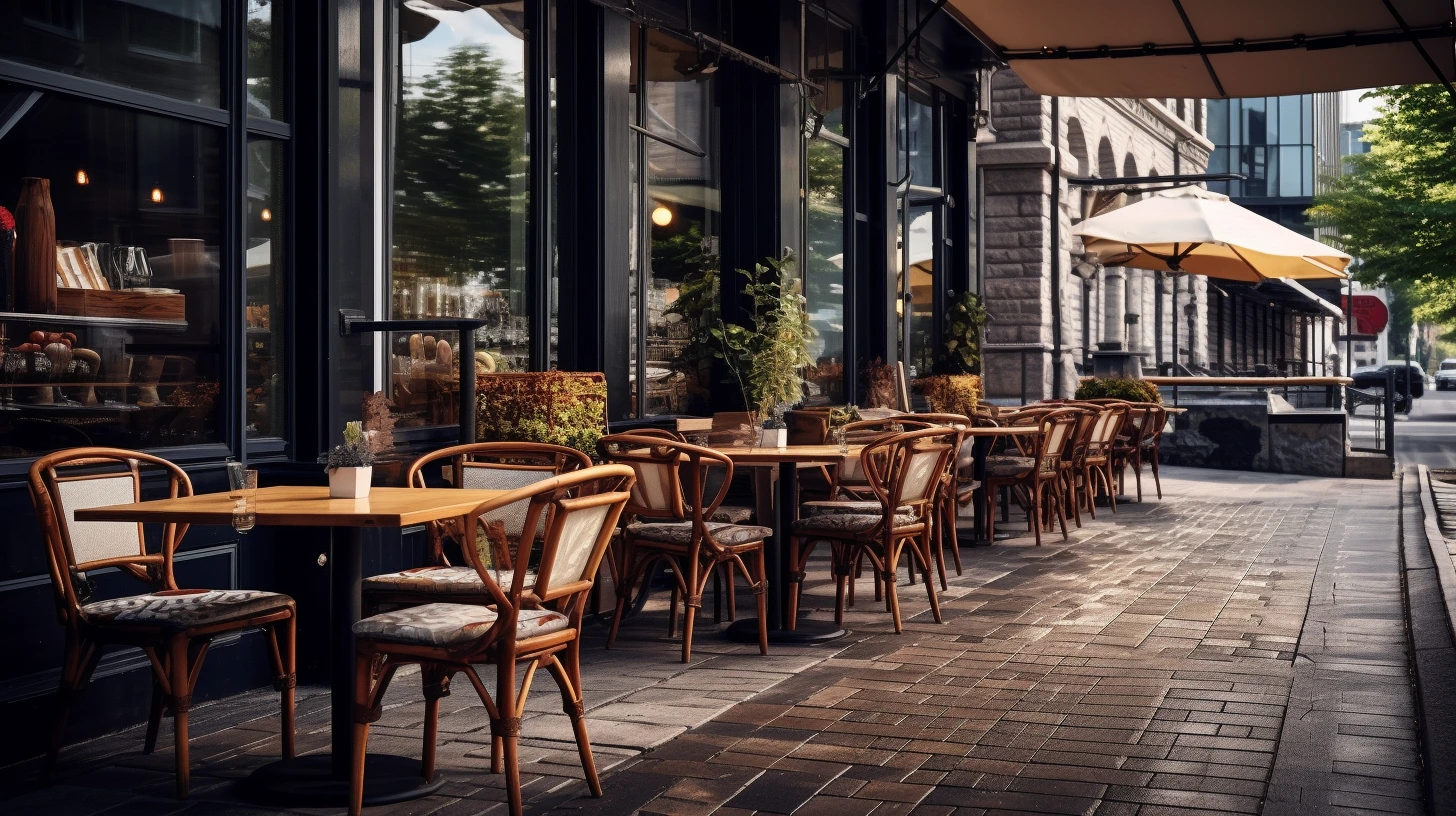 A restaurant with tables and chairs in front of a sidewalk for sale in British Columbia.