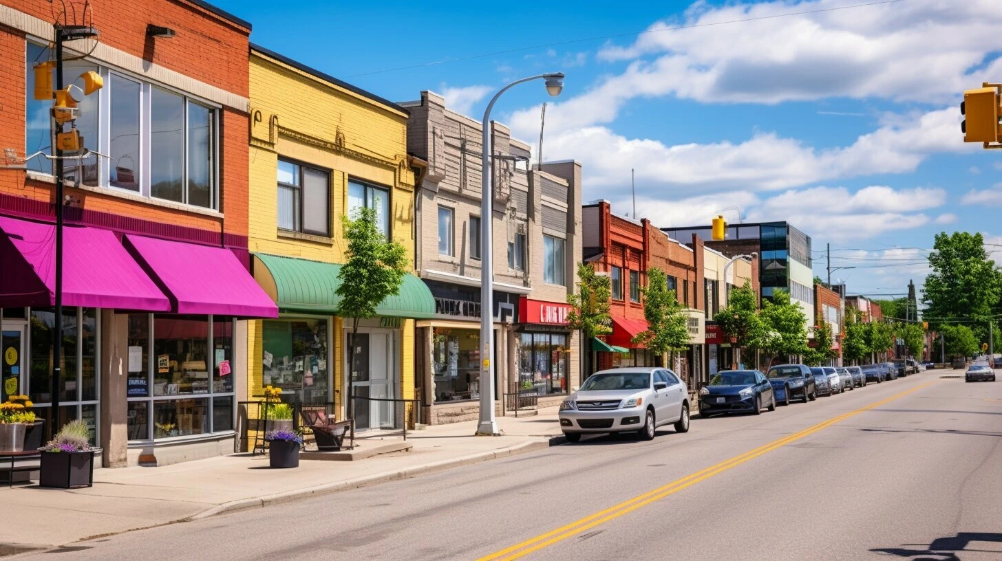 A street lined with colorful buildings and cars in Brampton