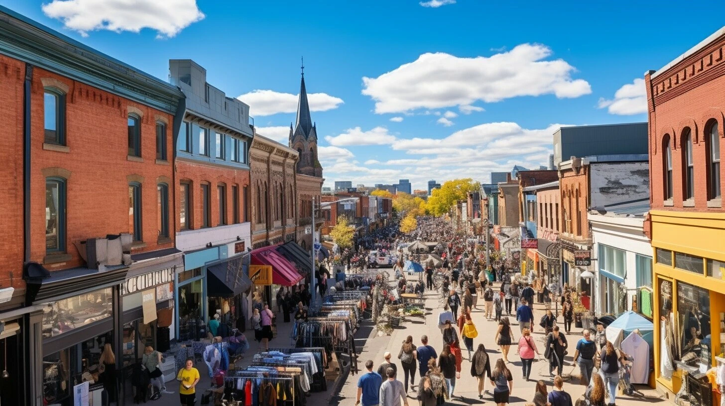 A busy street with lots of people walking down it, lined with small businesses for sale in Canada.