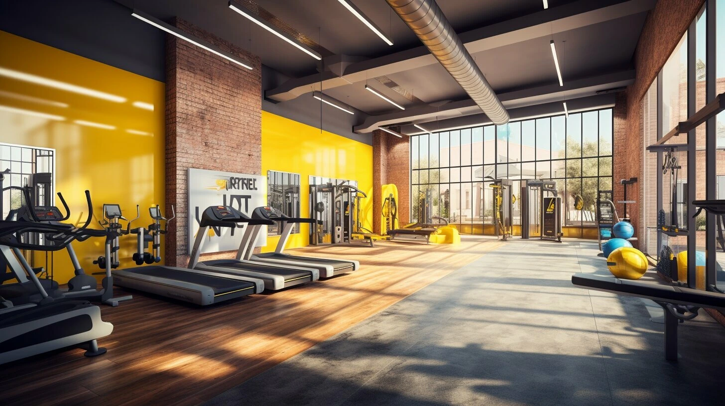 A small business gym with yellow walls and yellow tread machines for sale in Canada.