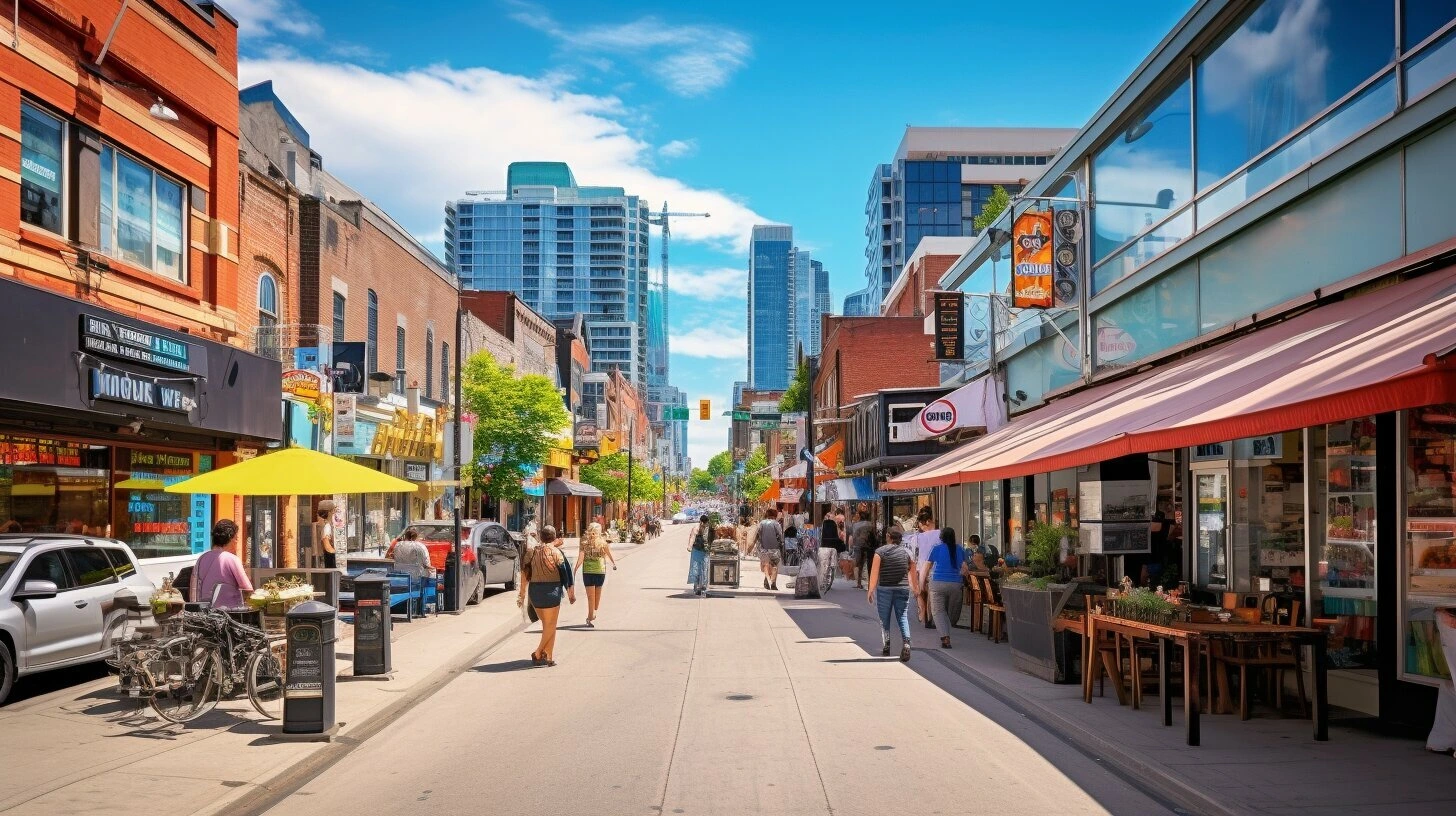  A bustling city street filled with people and vibrant shops for sale in Canada.
