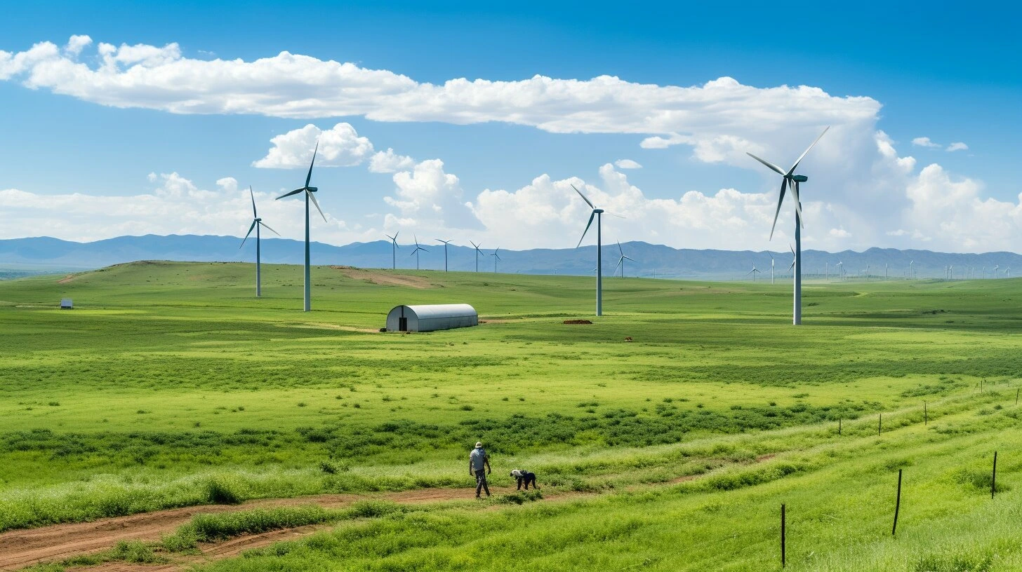 Sustainable farming in action: lush green fields with modern wind turbines, farmer tending land, and distant mountains.