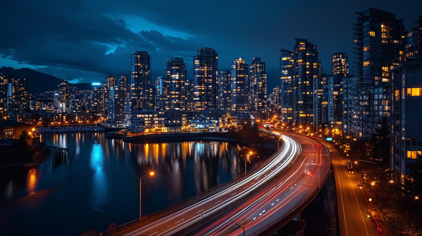 Night view of Vancouver showcasing the illuminated cityscape and busy highways, reflecting the energy of the top industries in Vancouver.