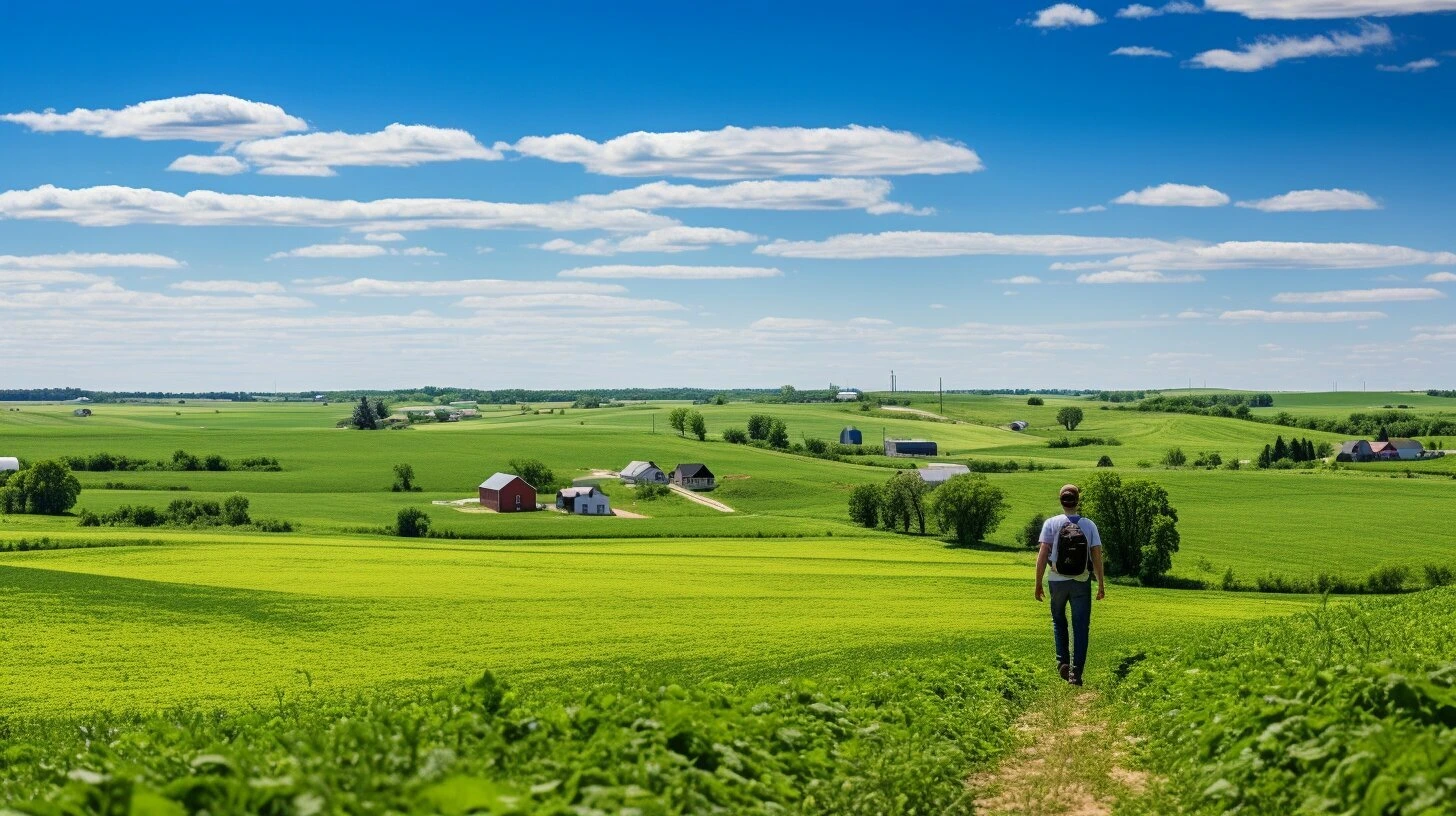 Man walking on a trail, overlooking vast green farmlands with scattered barns and houses under a clear blue sky.