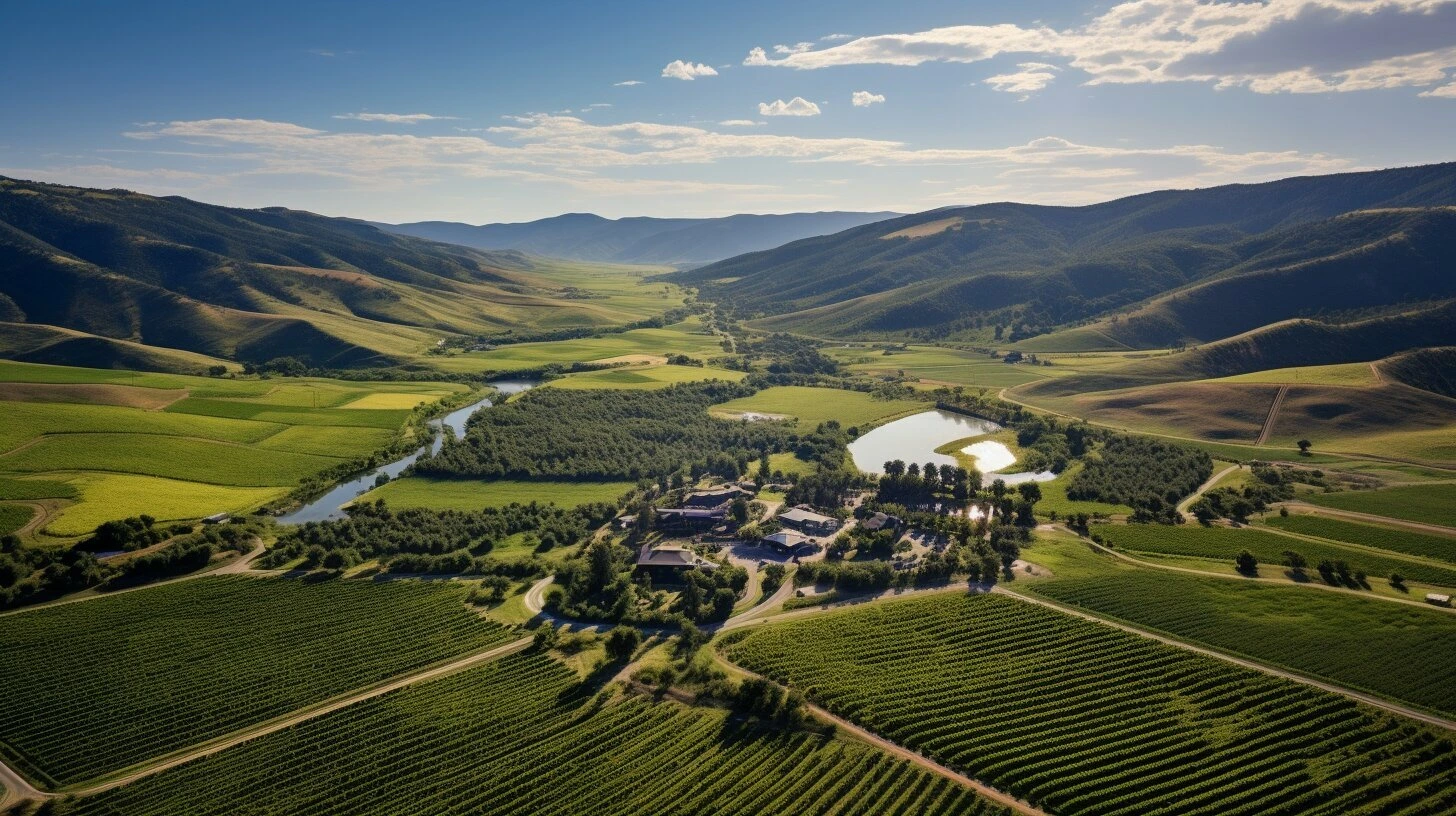An aerial view of a vineyard and valley in Canada for sale.