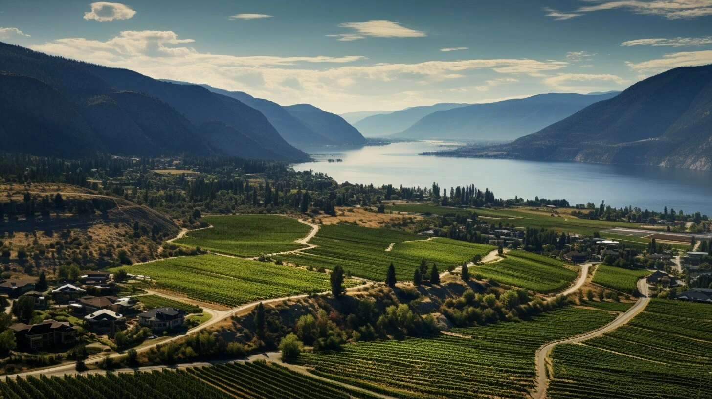 Aerial view of a vineyard in British Columbia, showcasing wineries for sale in Canada.